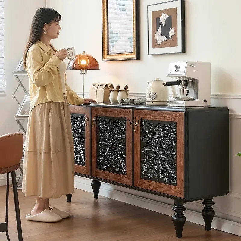 

5ld14 French retro dining side cabinet carved medieval large apartment solid wood entrance cabinet living room