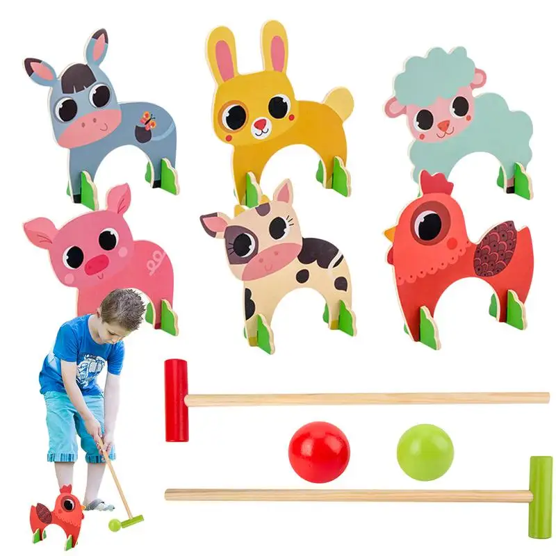 New Kids Toys Croquet Game set Jungle Animal Croquet Game Set Outdoor Golf Game Wooden Cartoon Animal Croquet Game Outdoor Toys