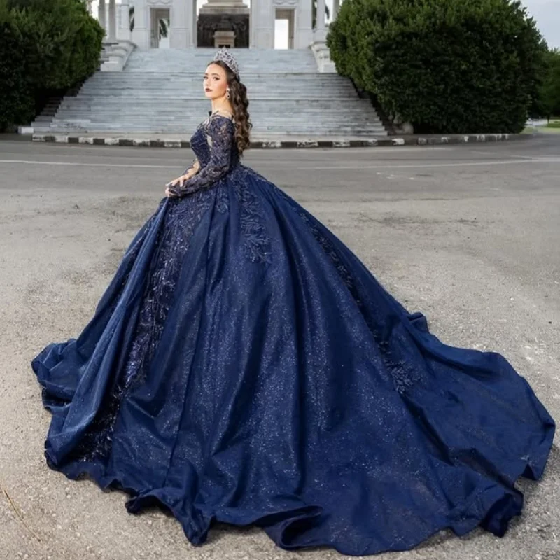Shiny dark blue Quinceanera Dress Lace crystal beading glitter decal Long tail Long tail vestidos de 15 Quinceanera ﻿Customized