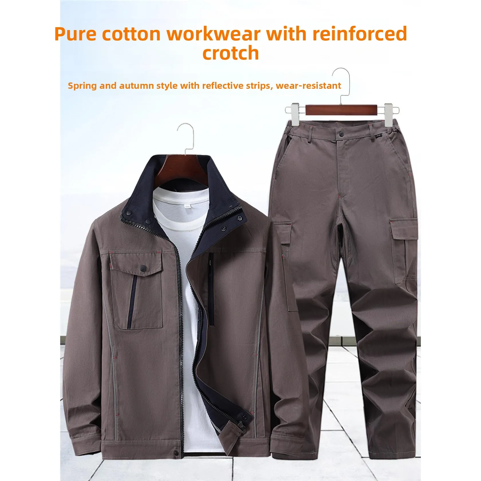 

Thiened Pure Cotton Workwear Set for Men Spring Autumn Welding Reflective Strip Wear Resistant Construction Site U...
