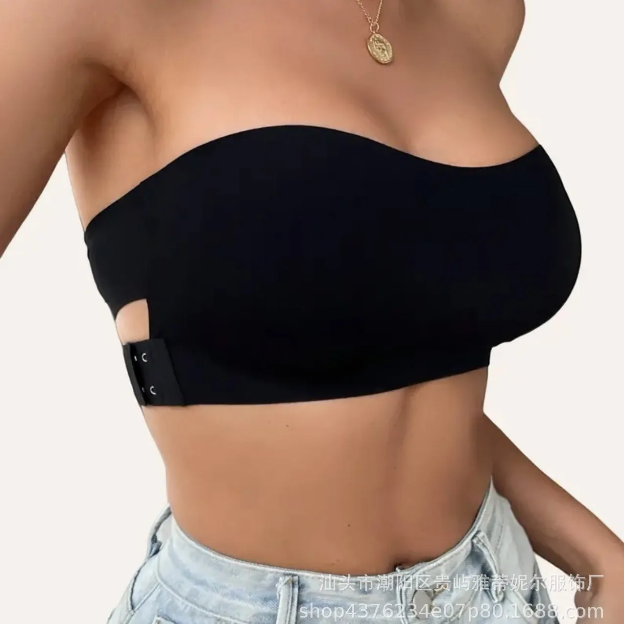 

Black Lingerie Sexy Women's Solid Strapless No Padding Seamless Side Button CrossBra Comfortable Smooth Underwear Back Wrap Bra