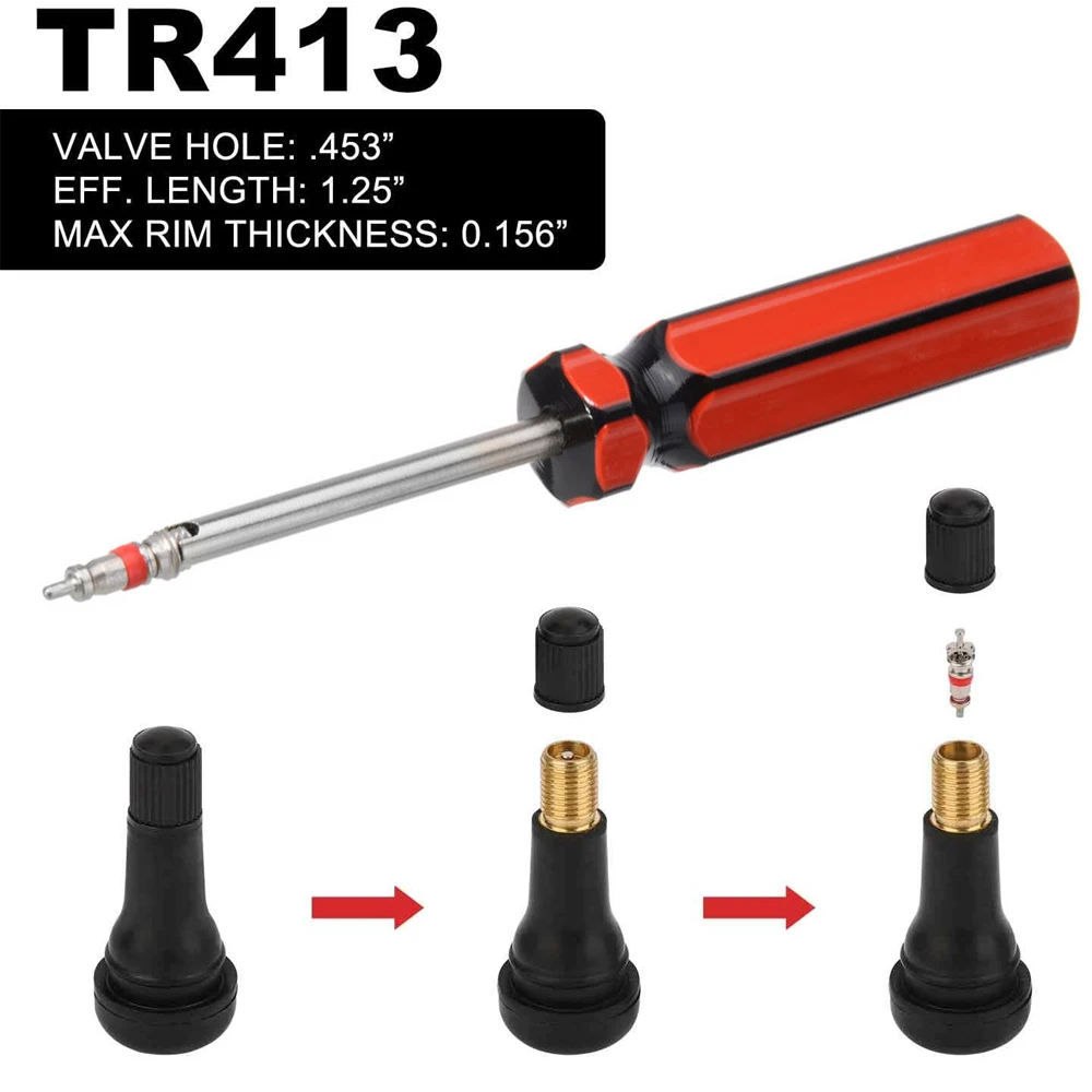 AQTQAQ 1 Set Tire Valve Stem Tool Puller and Installer, 4PCS TR413 Tubeless Snap-in Valve Stem, Single Head Valve Core Remover