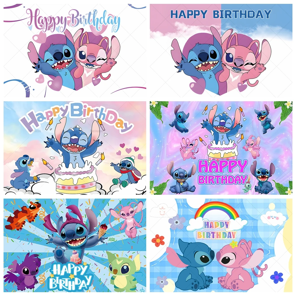 Cartoon Lilo & Stitch Theme Birthday Party Background Cake Candle Rainbow Boy Girl Birthday Party Photography Backdrop Custom