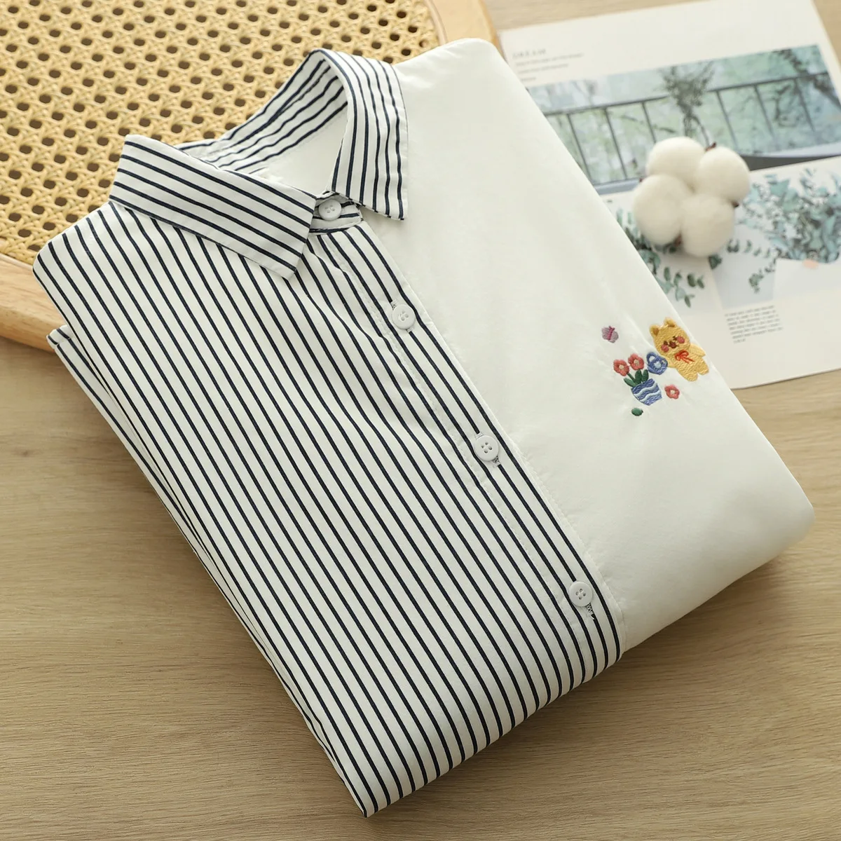 신상품 2025 가을 코튼 긴팔 플리스 셔츠, 여성용 라펠 스트라이프 자수, 모리 걸 따뜻한 캐주얼 루즈 블라우스 T5O932CC