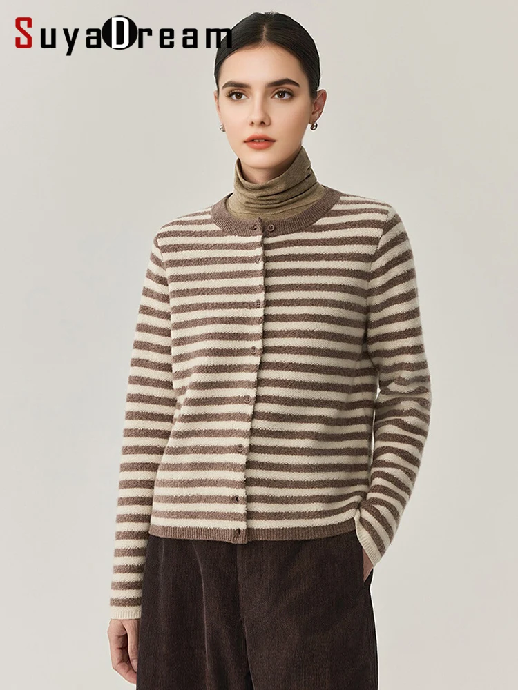 

SuyaDream, Woman Striped Cardigans, 100%Sheep Wool, O Neck, Warm Sweaters, 2025 Fall Winter Knitted Jackets, Black white,
