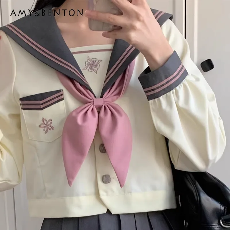 Japanese JK Uniform Sailor Collar Preppy Style Original Grey White Color Matching Long And Short Sleeves Top Skirt Set For Women