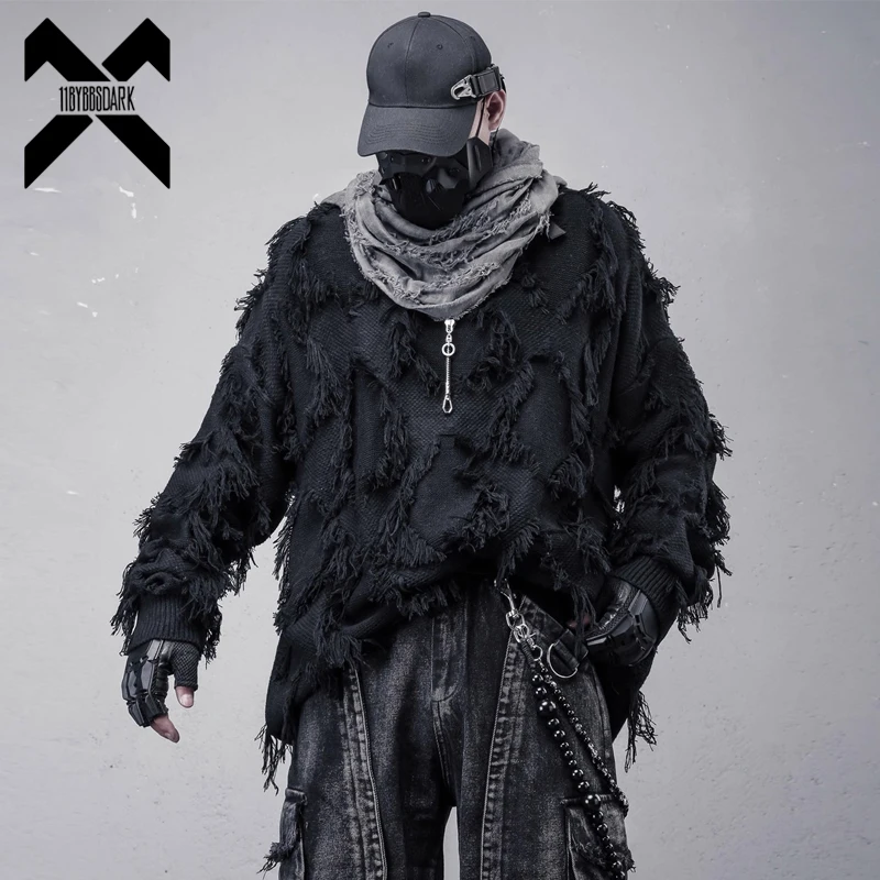 

Tassel Design Distressed Knit Sweater Grunge Dirty Texture Fabric Pullover Men's Streetwear Top Knit Jumper