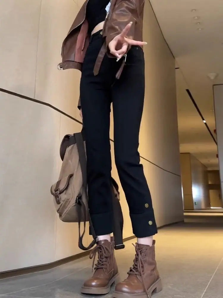 

Джинсы женские прямые с высокой талией, на подкладке, осенне-зимние, облегающие, с дизайном «труба», повседневные, длиной до щиколотки