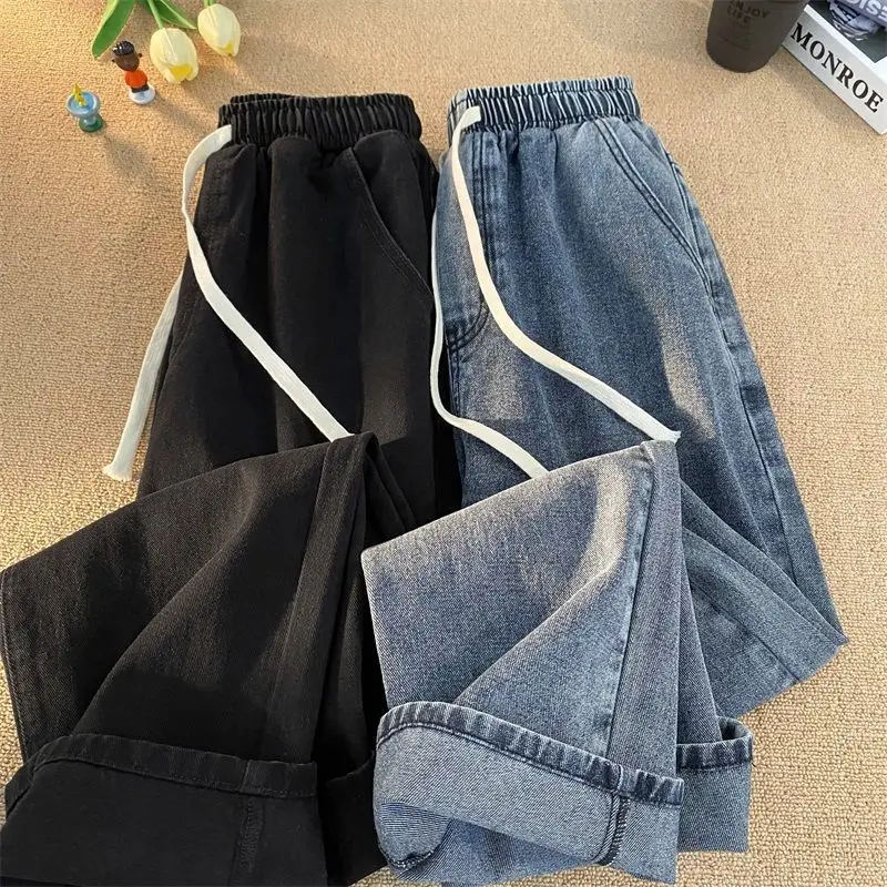 

New Women High Waist Vintage Straight Jeans Big Size Korean Elastic Denim Pants Loose Casual Lace Up Pantalones Nine Point