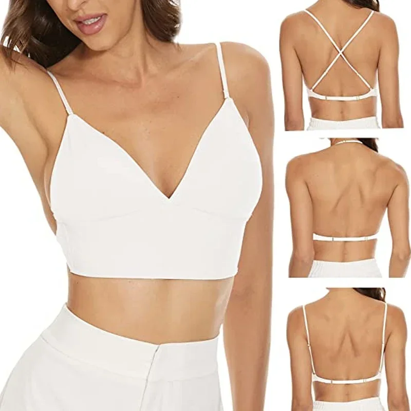 Sexy Low Back Bra Vest Tops Ice Silk Suspenders Wirefree Back Free Camisoles Women Backless Crop Top Thin Bralette Lingerie