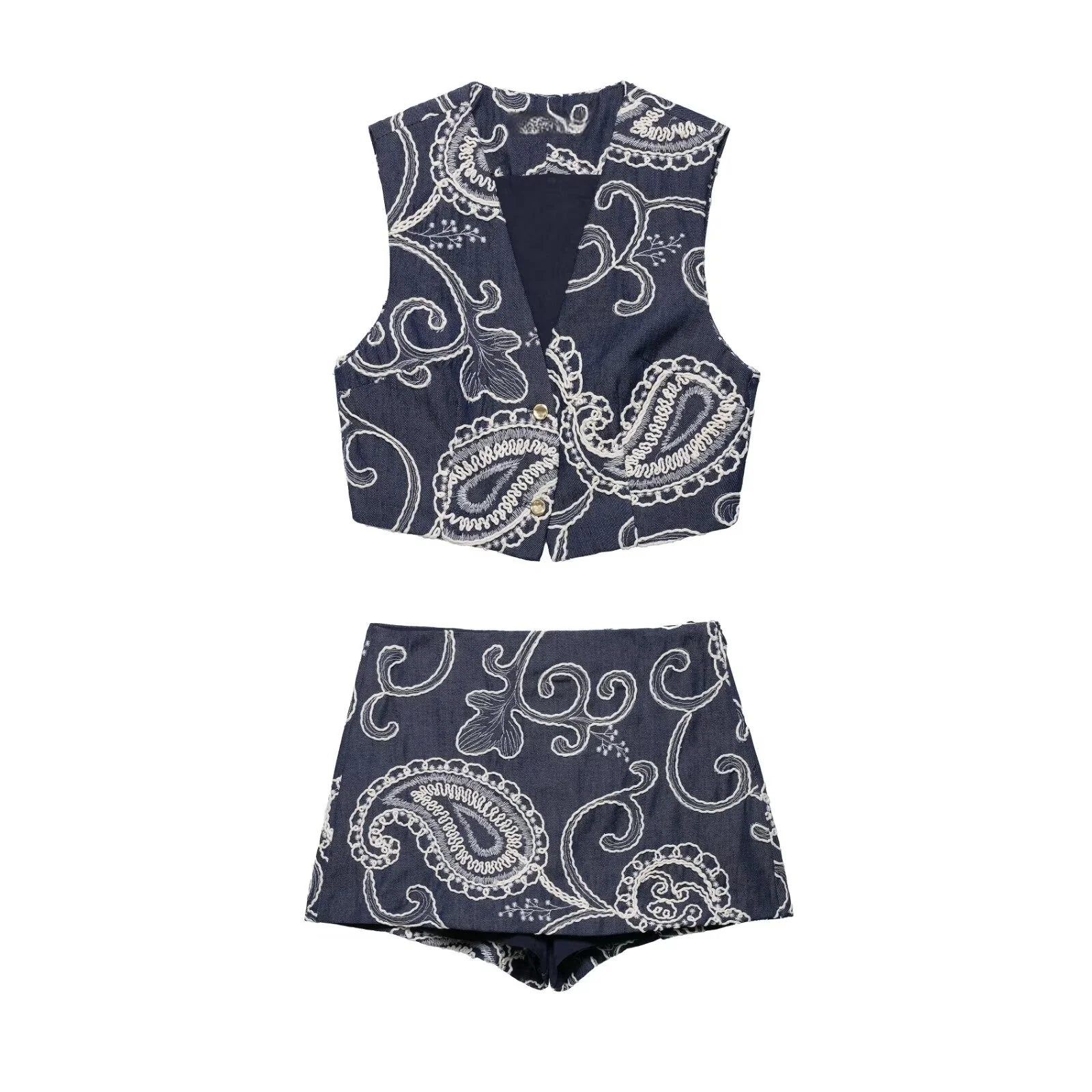 

MYST&ZA2025 new summer women's casual fashion comfortable embroidered short V-neck vest top + high waist mini shorts