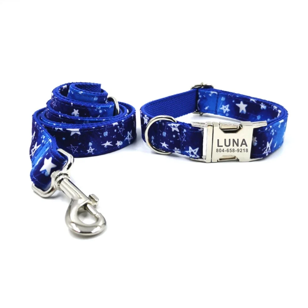 Personalized Stars Pet Collar Custom Puppy Nameplate ID Tag Adjustable Buckle Blue Space Star Basic Collars Leash