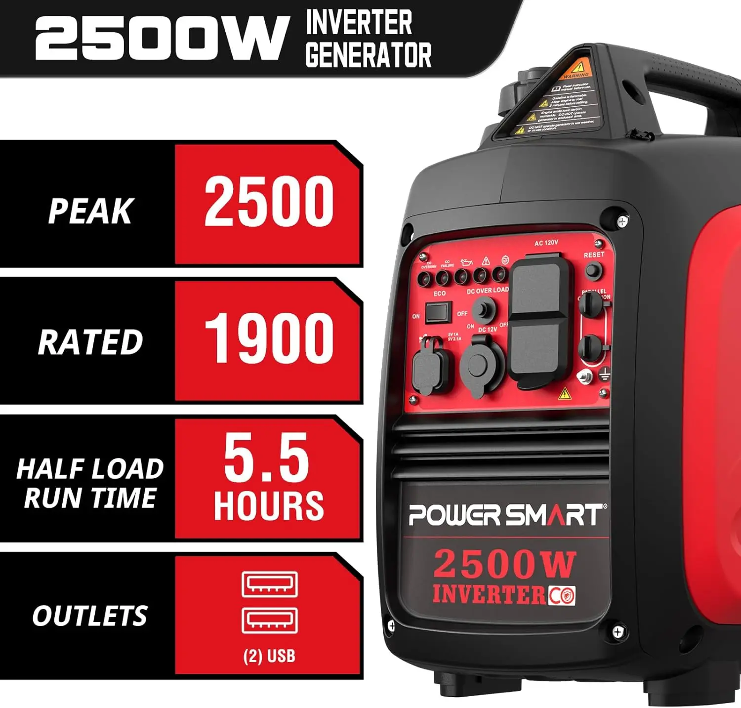 2500-Watt Gas Powered Portable Inverter Generator, Super Quiet for Camping, Tailgating, Home Emergency Use, EPA Compliant 2024 V