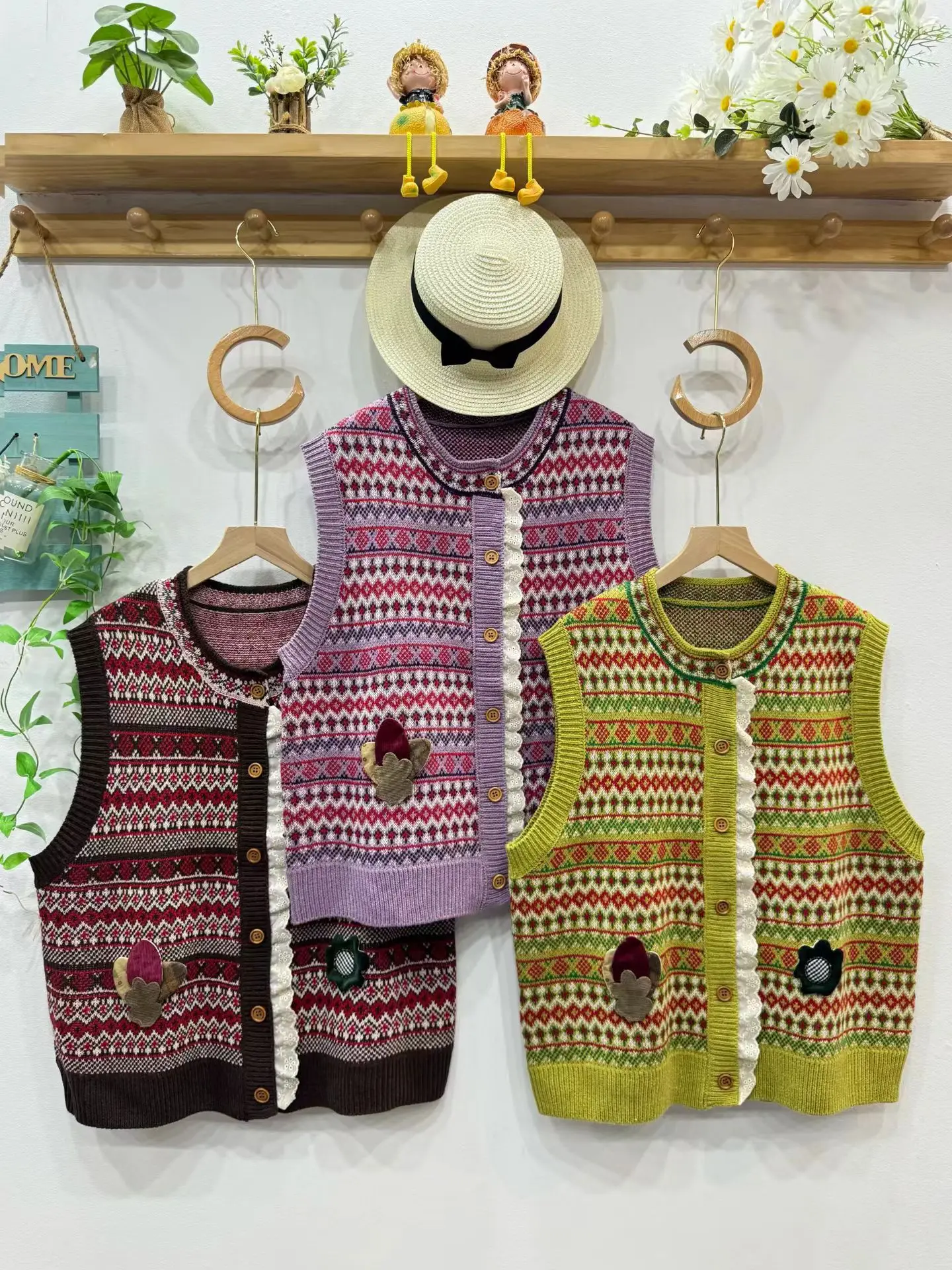 Retro Patchwork Knitted Lace Floral Print Loose Fit round Ne Vest Layering Faionable Top for Women Commute Sle Autumn C...