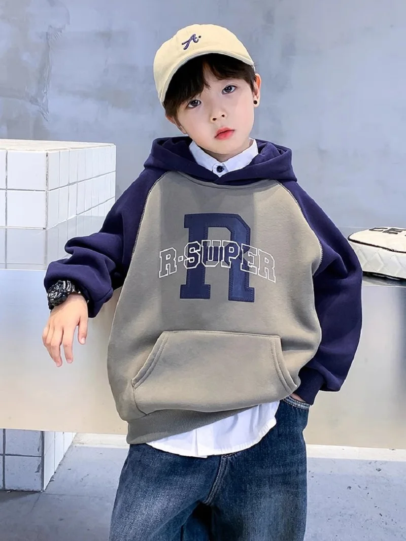 

Spring Autumn Boys Contrast Alphabet Sweatshirt Jacket School Kids Track Hoodie Coat Tops Child Workout Pullover Jumper 5-16 Yr