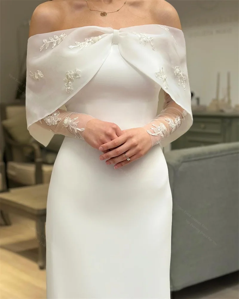 Xijun Elegant White Sheath Evening Party Dresses Wedding Guest Bride Gowns Off Shoulder Applique Arabic Women Formal Occasion