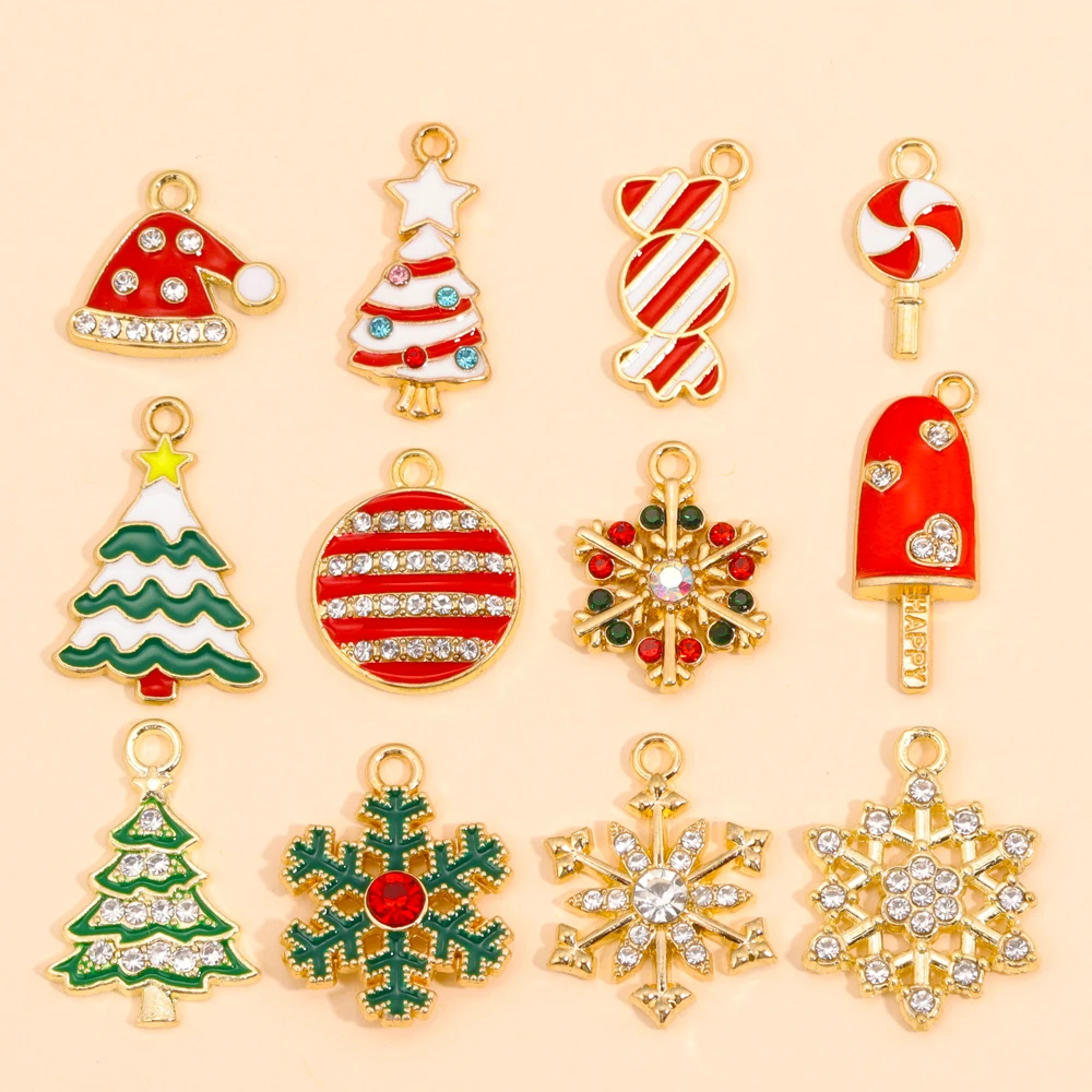 10 Stück Mix Weihnachts-Charms, 12 Stile, glänzender Zirkon, Schneeflocke, Weihnachtsbaum, Süßigkeiten-Anhänger, Ohrringe, Halskette für DIY-Schmuckherstellung – Detail 2