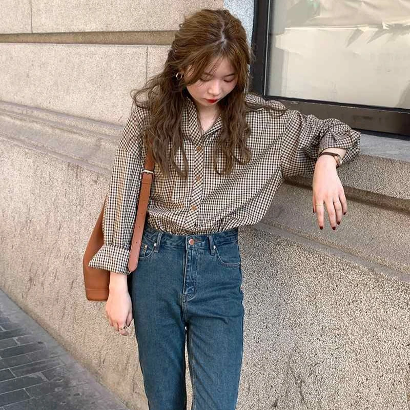 Shirts Frauen Vintage Baggy Stilvolle Plaid Streetwear Frühling Herbst Koreanischen Stil Alle-spiel Ästhetischen Elegante Kausalen Feminno Blusas