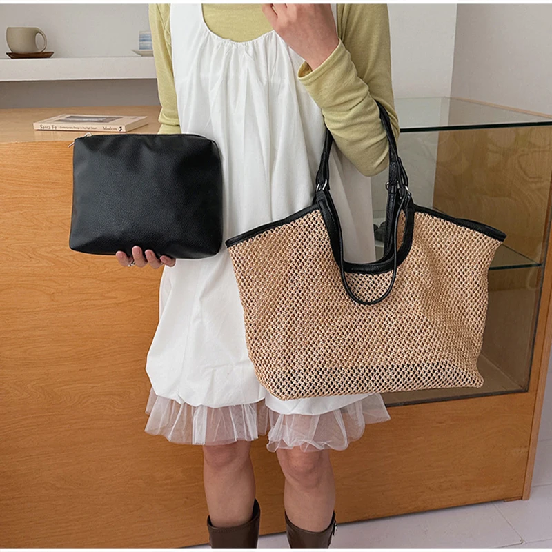 Große gewebte Tragetasche, Damen Frühlingstrendige Kontrastfarbene Hochwertige Vielseitige Schultertasche mit Henkel und Henkelgriff – Detail 13