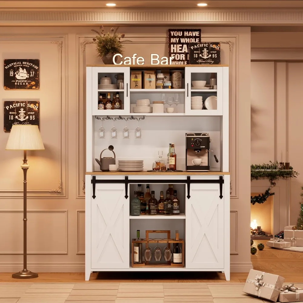

70'' Wine Coffee Bar Cabinet With Storage Hutch, Tall Kitchen Pantry Liquor Cabinet With Sliding Barn Doors,