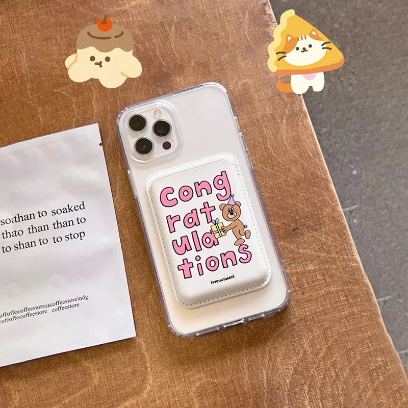 INS Korean Cute Bear For Magsafe Magnetic Card Clip Phone Case For iPhone 15 Pro Max Magnetic Wallet Card Holder Phone Accessory