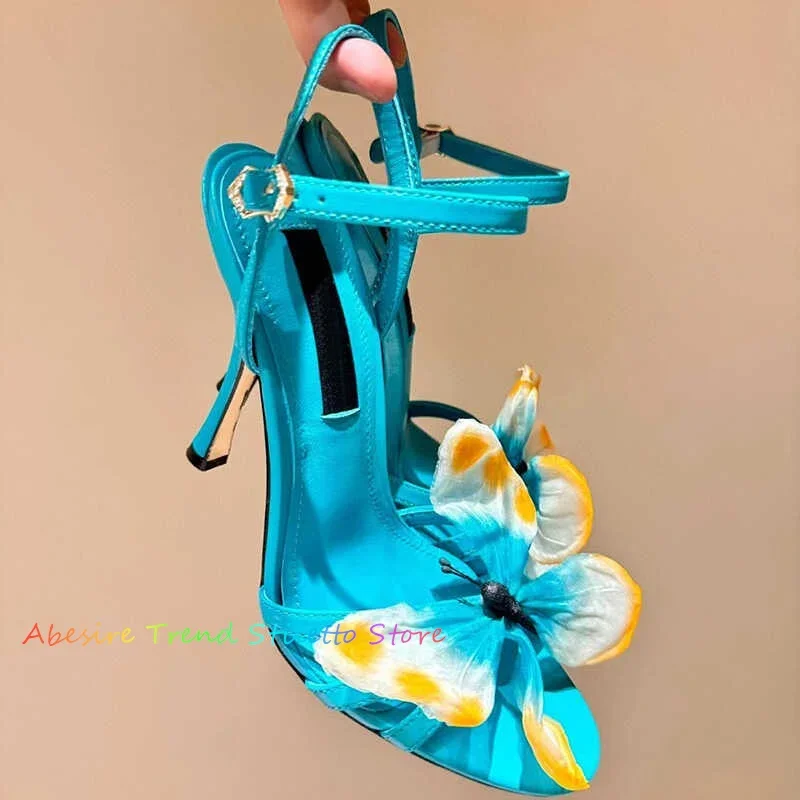 

New Fashion Flower Butterfly Decorative High Heel Women Sandals Fairy Style Genuine Leather Open Toe High Heel One Line Sandals
