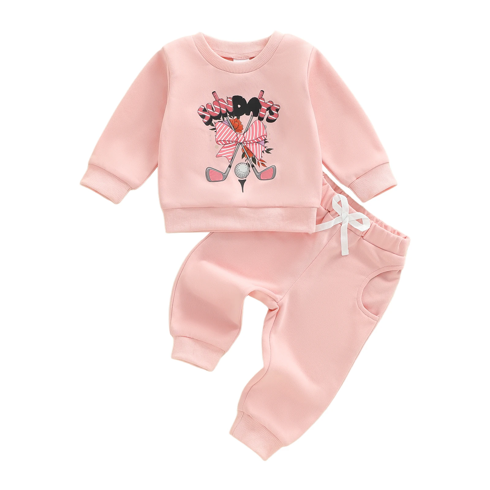 

Little Girls 2PCS Pants Sets Long Sleeve O Neck Golf Print Tops Solid Color Pants Sets