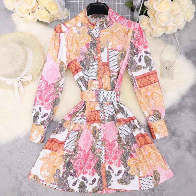 

Women Dresses Print Dress Belt Round Neck Long Sleeve Waist Cinched Single Breasted Knee Length Slight Stretch Loose 2025 Spring