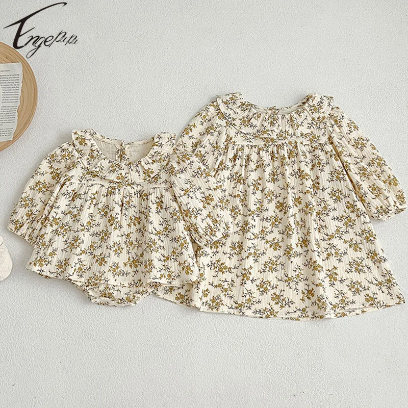 

Printing Baby Girls Flowers Rompers Children Girls Long Sleeves Dress Spring Autumn Dress Children Girls Sister Clothes