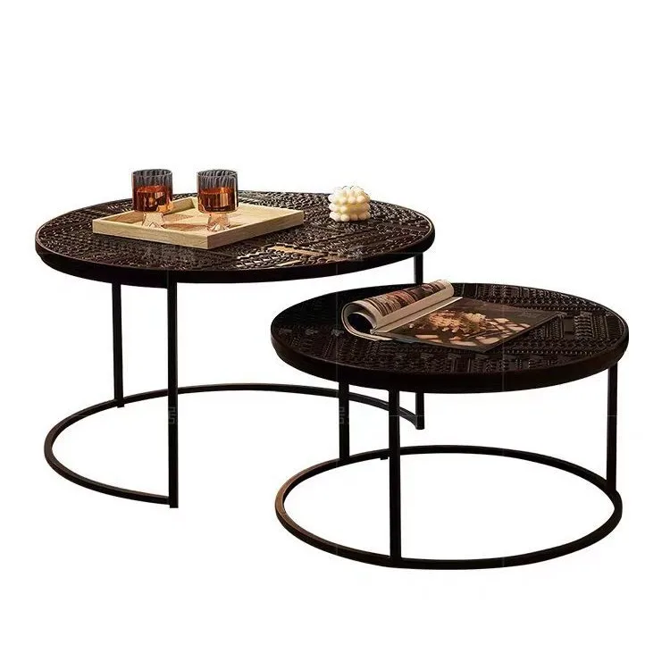 

Retro solid wood coffee table French engraving simple set living room small apartment medium and ancient style round tea table