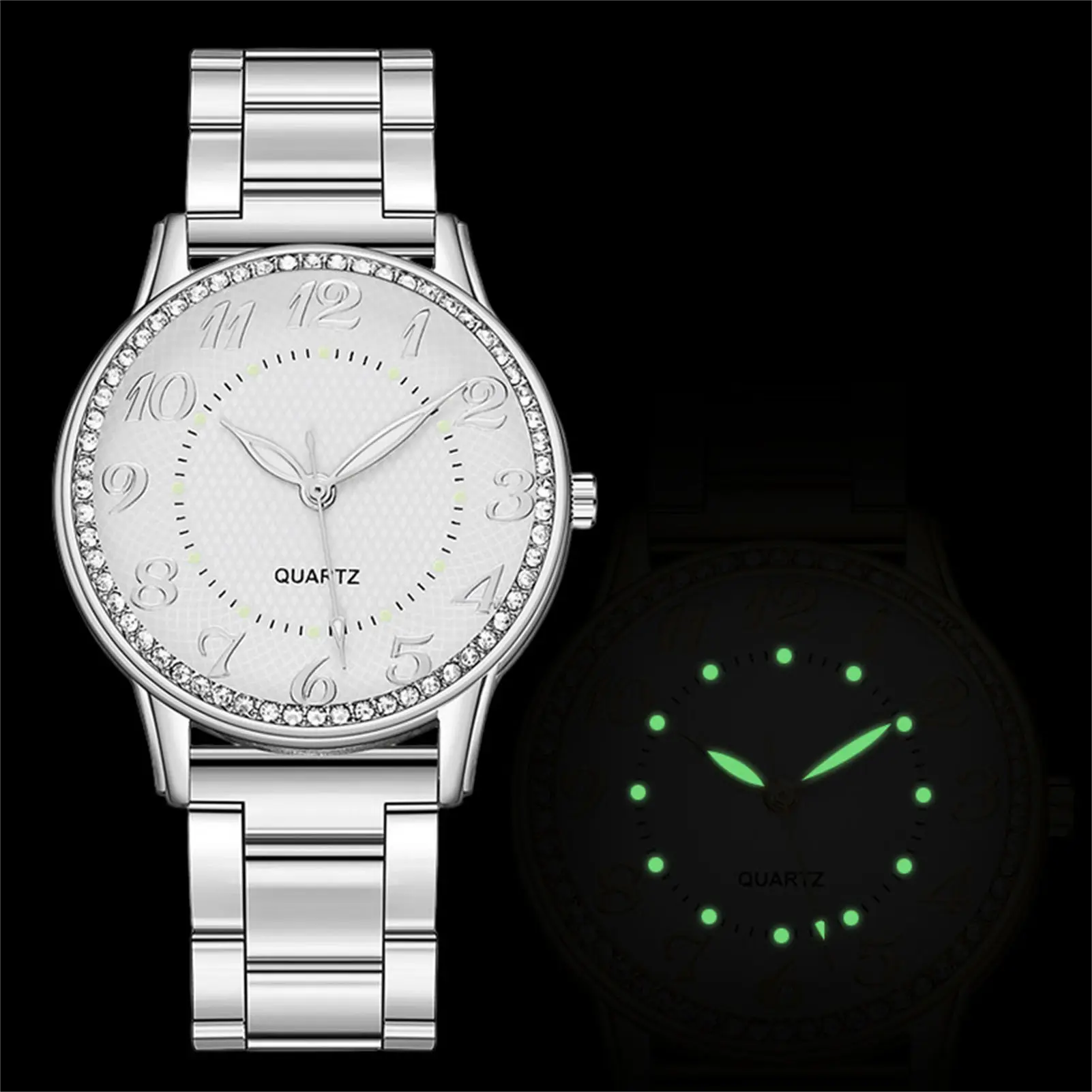 Rhinestones Dial Decor Quartz Watch Luminous Pointer and Scale Non-mechanical Watch for Shopping Camping Walking