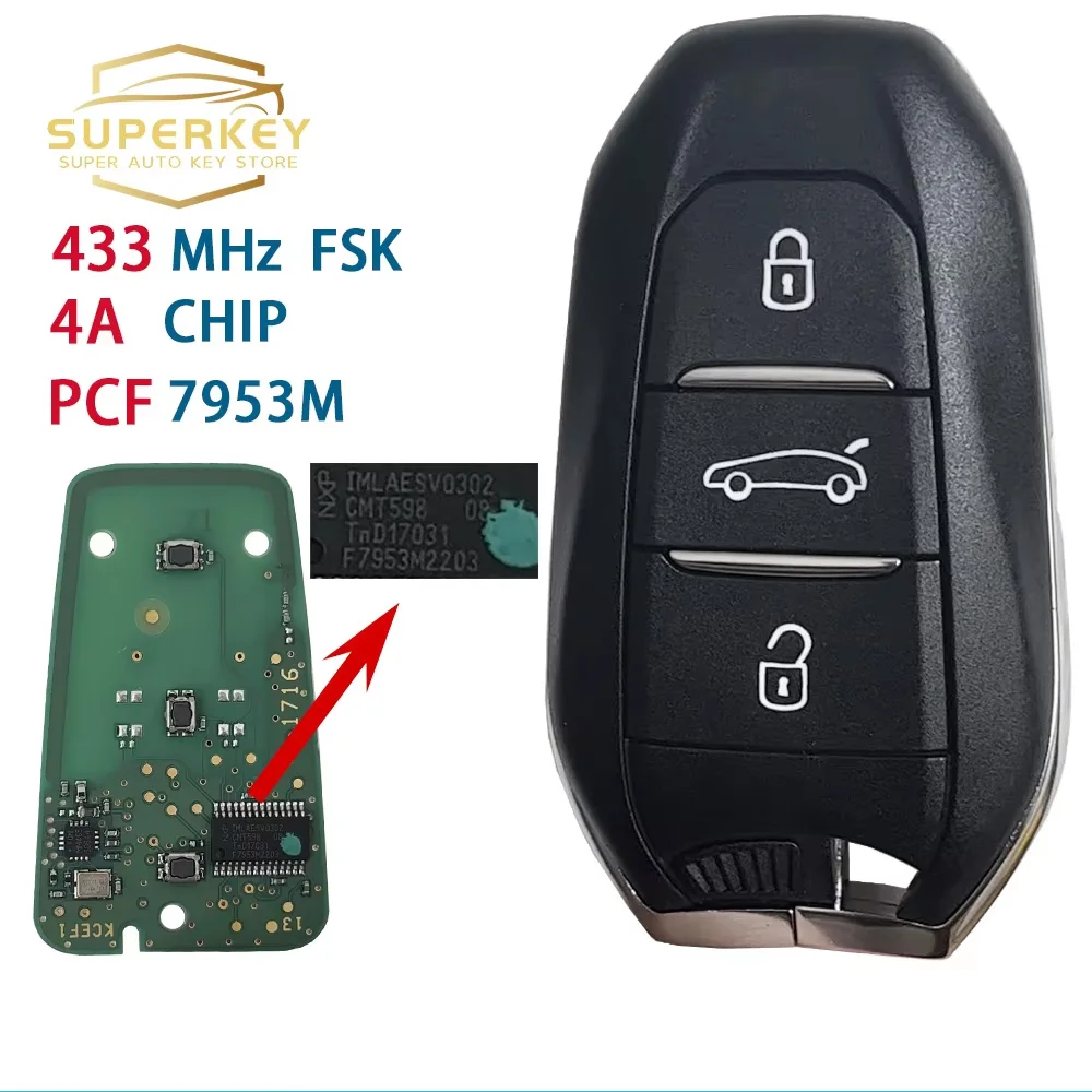 

Умный автомобильный ключ SUPERKEY, новейшая модель с 3 кнопками для Peugeot 208, 301, 3008, 5008, Keyless Go Traveler Expert, чип 4A, 433 МГц