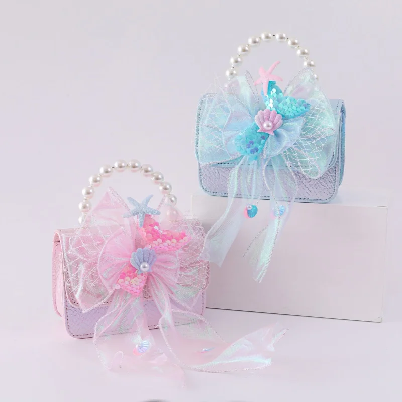 

2025 new cute mermaid children's handbag fashion princess bag organza bow pearl change small bag crossbody bag