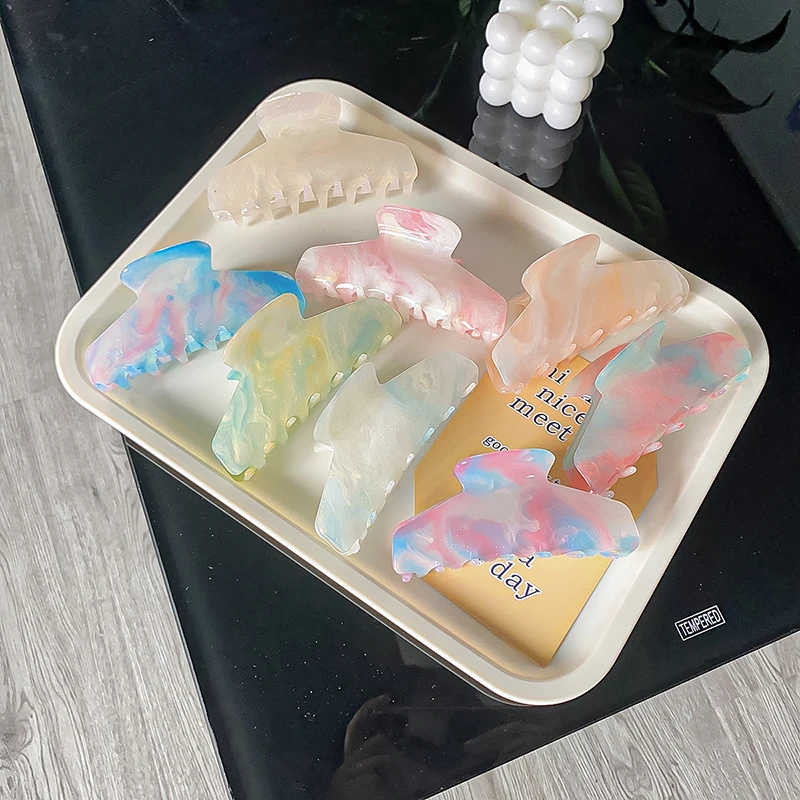 Summer Korean Colorful Marble Acrylic 11CM Large Hair Clip Hair Claw For Women Sweet Girl Buttercream Shark Clip Wholesale