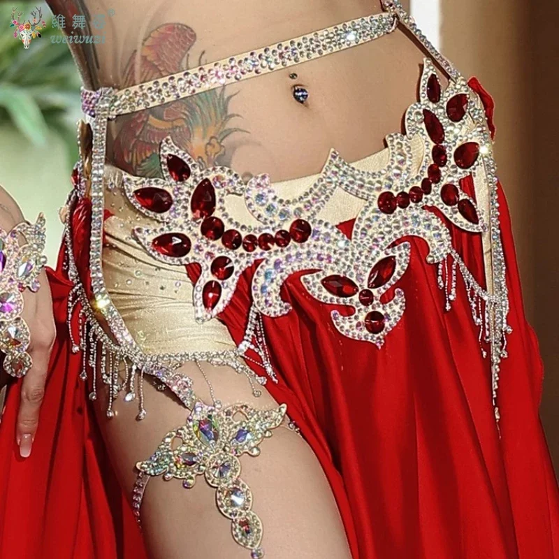 Accesorios de actuación de danza del vientre para mujer, cinturón de cadena con piedras AB para personas mayores, lazo de pierna de competición de lujo para niña, superbrillante