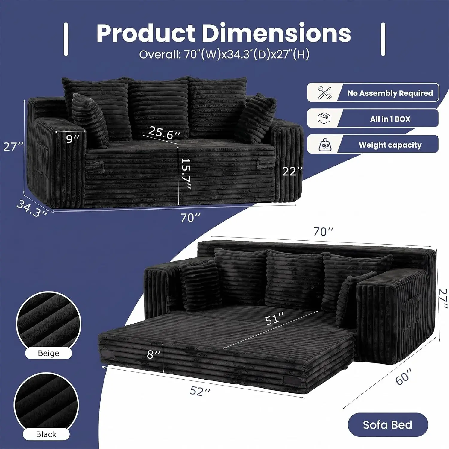 3-in-1 Convertible Sleeper Sofa Bed, 70