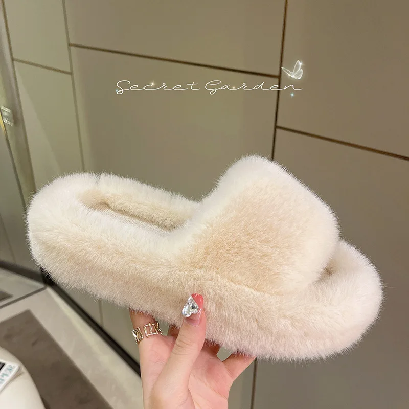 Home Slippers Women\'s Flat Shoes Female Lady Fur Flip Flops Slides 2023 Soft Plush Cotton Indoor Winter Zapato Mujer