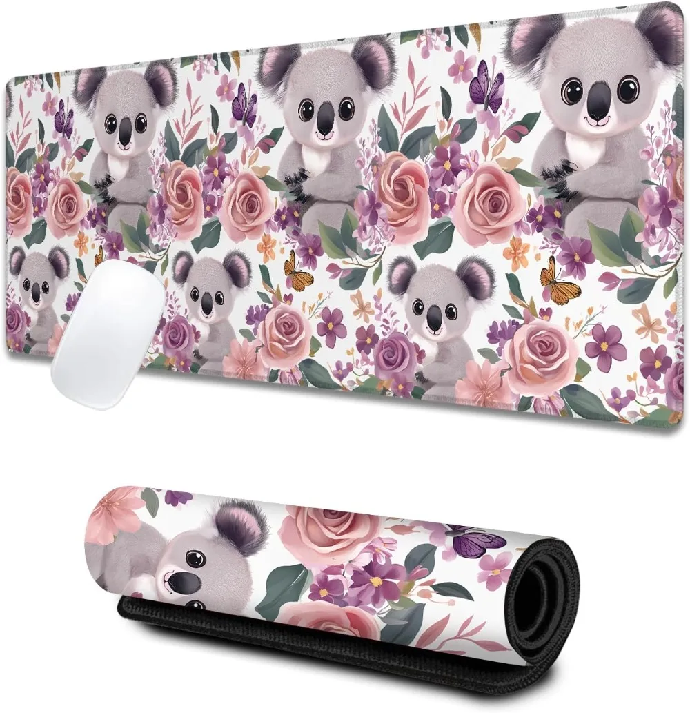 Koala Large Gaming Desk Mat,Rubber Non-Slip Cute Floral Pastel Blossom Mouse Pad Extended Animal Mousepad,Game Lover Mice Pads