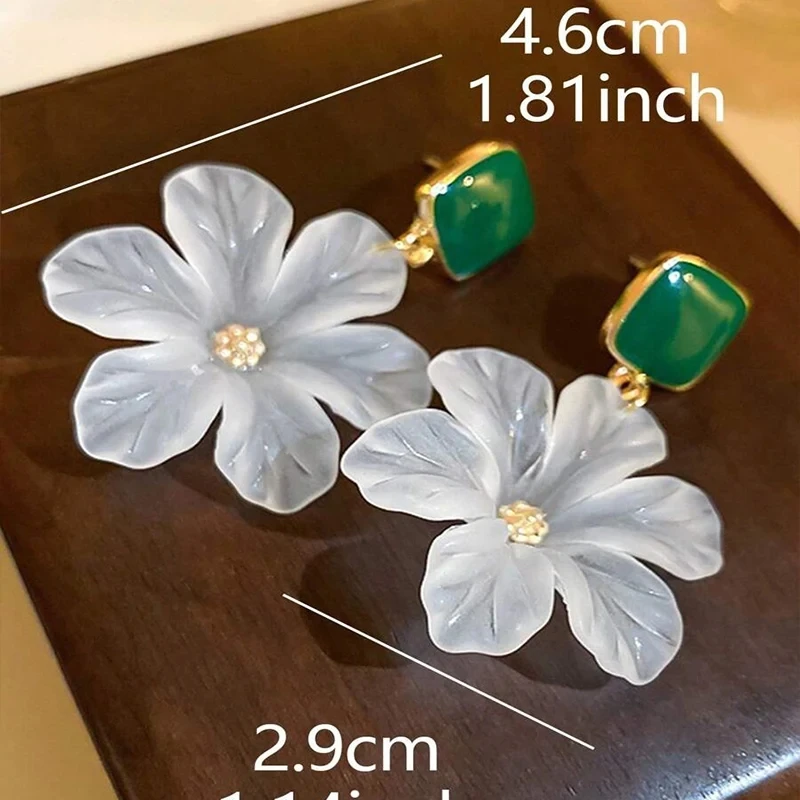 White Flower Charm Square Metal Green Epoxy Drop Earrings For Women Bohemia Romantic Camellia Flower Dangle Earrings Luxury image 5