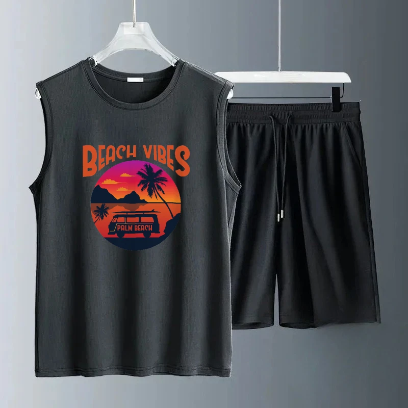 

2025 Summer Men Sleeveless Casual Bus prints by the sea sunset Set Quick Dry Comfortable Athletic Wear luxury men's clothing set