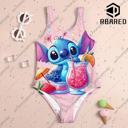 2024 MINISO New Girl Summer One-Piece Swimsuit Fashion Cartoon Cute Stitch Print Women Swimwear Sleeveless Swim Clothing