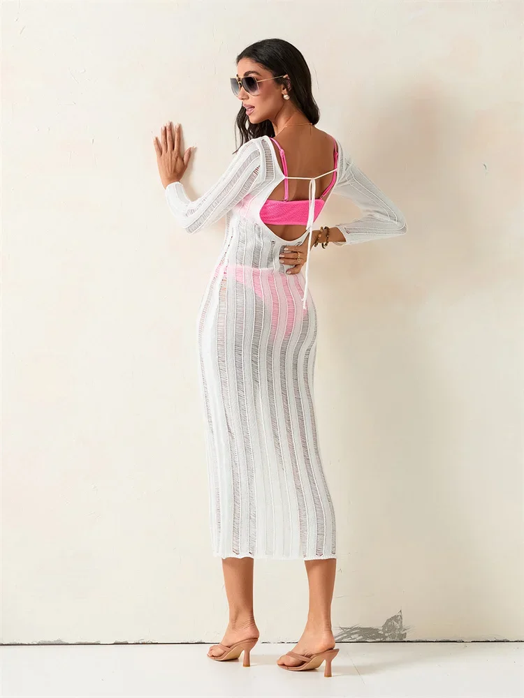 Biquíni feminino cobrir vestido de manga longa u pescoço sem costas midi vestido cor sólida oco para fora malha praia cover-ups