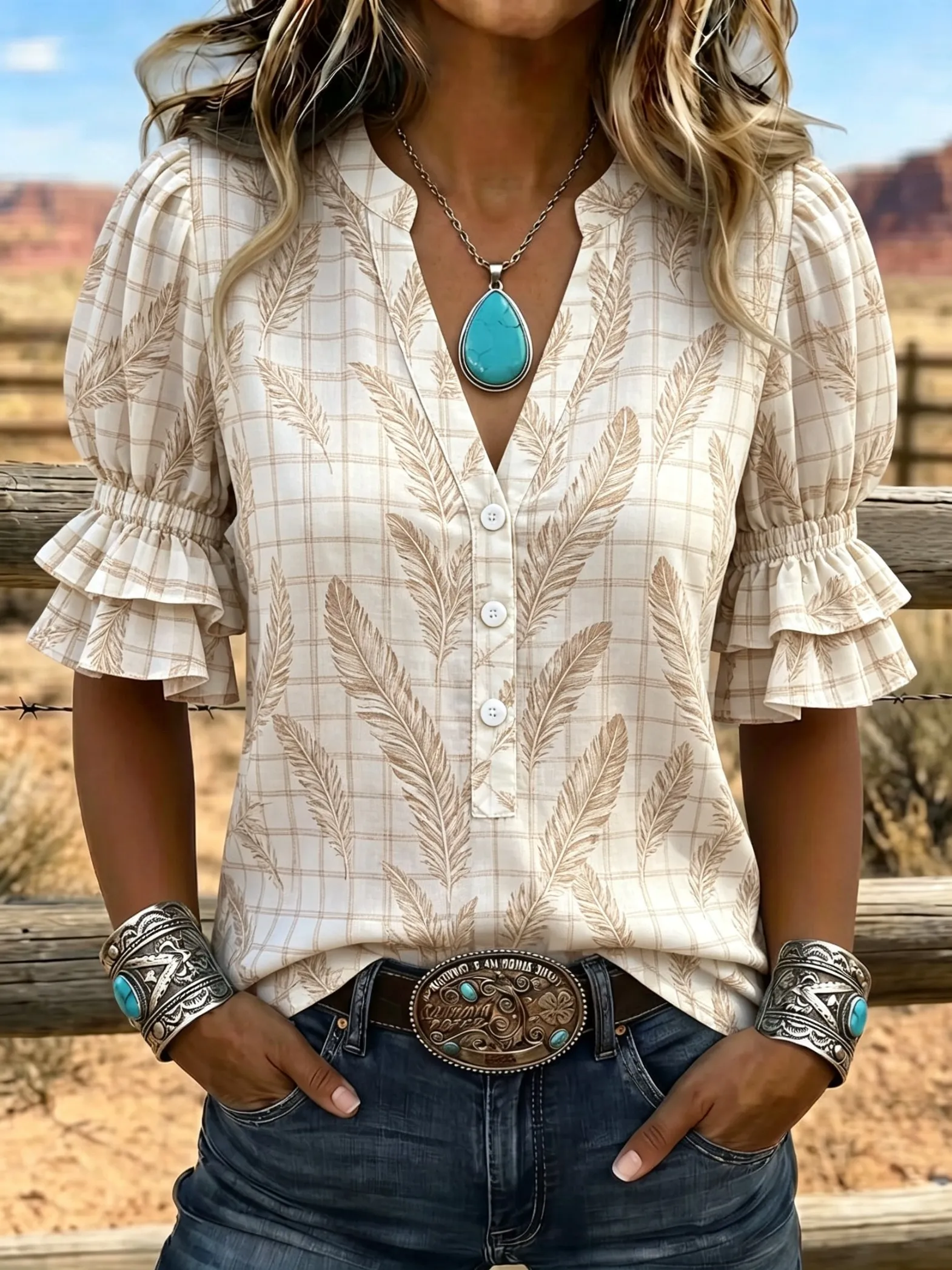 Women's Spring Summer 3D Printed V Neck Shirt, Brick Red Grid Horseshoe Star Western Ethnic Geometric Blouse view 5