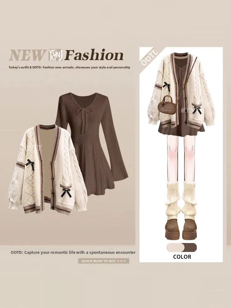 

Вязаное платье-свитер с узором «узелок» для женщин: дизайнерский комплект из двух предметов больших размеров, стройнящий силуэт, премиум-класс, модный.