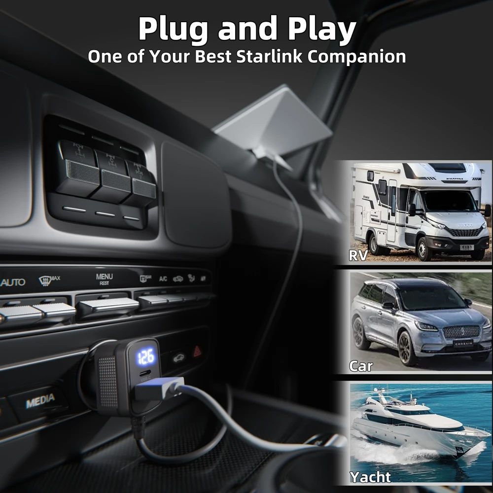 محول سيارة 3M لـ Starlink Mini 12-24V QC/PD شحن سريع مع كابل طاقة منافذ USB-A + Type C لملحقات Starlink Mini