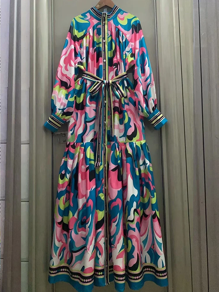 Retro spring women\'s new temperament stand-up collar single-breasted printed loose dress fashion long-sleeved belt waist A-shape