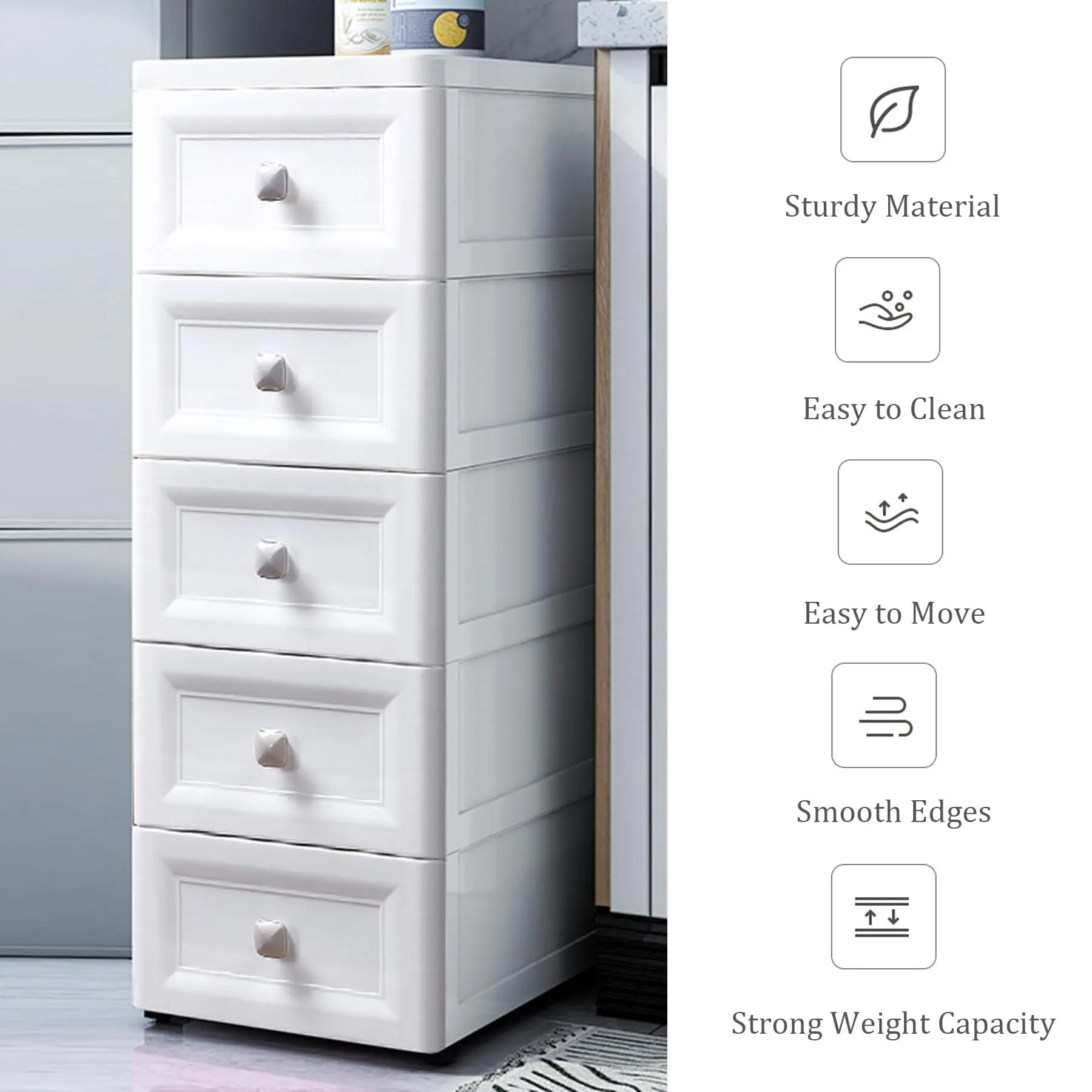 Keranjang Penyimpanan 5-, Lemari Plastik Sempit dengan Laci dengan Pegangan Persegi, Kabinet Lantai Kamar Mandi Ramping untuk Ruang Kecil, Kamar Tidur,