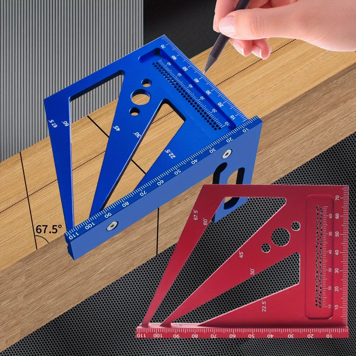 22.5/30/45/60/67.5/90 Degree Aluminum Alloy Square Ruler Protractor, Multi-Angle 3D Measuring Ruler, Engineer Carpenter Crafting