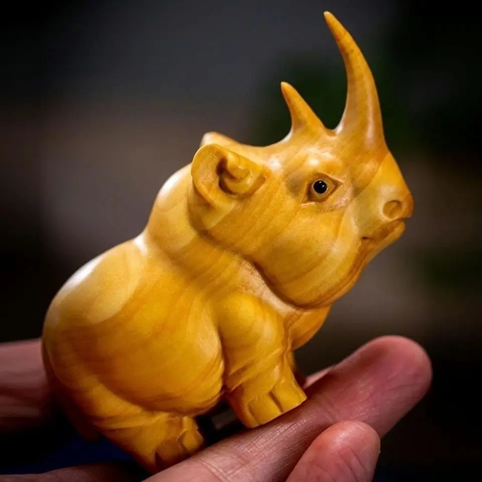 Hand Carved Wood Rhino hippo elephant Statue Figurine Desktop Ornaments Home Decoration