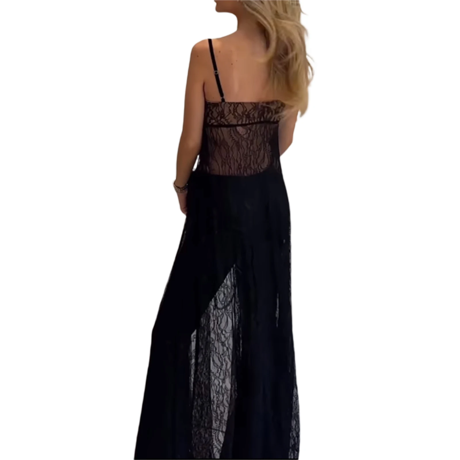 Costume da bagno da donna Beach Bikini Cover up Sheer Mesh Dress y2k Sexy senza maniche Backless See Through High Split Lace Maxi Dress